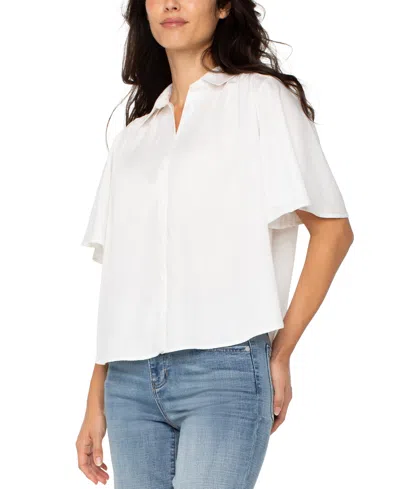 Liverpool Los Angeles Petite Elbow-sleeve Button-front Blouse In White