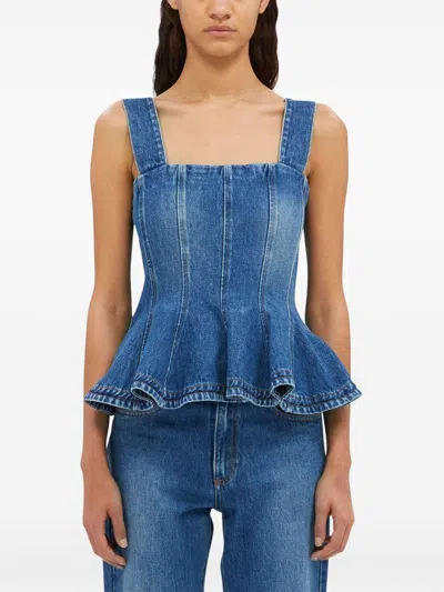 Msgm Denim Peplum Ruffle Sleeveless Square Wide Top In Blue