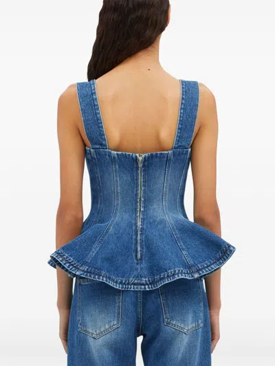Msgm Denim Peplum Ruffle Sleeveless Square Wide Top In Blue
