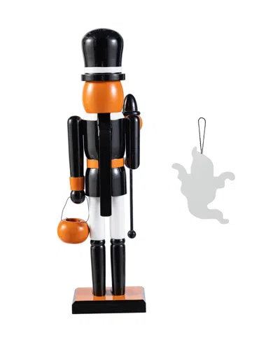Glitzhome Halloween Wooden Pumpkin Nutcracker With Ghost Ornament, Set Of 2
