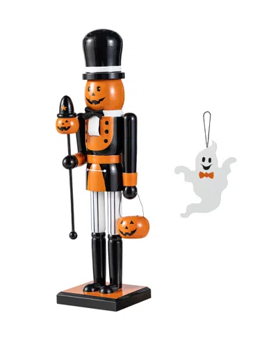 Glitzhome Halloween Wooden Pumpkin Nutcracker With Ghost Ornament, Set Of 2