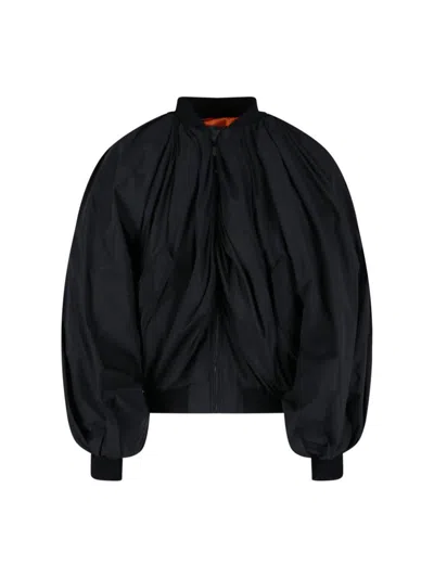 Balenciaga Black Bomber Draped Jacket With Elastic Rear Hem In Tech Fabric Woman In Black