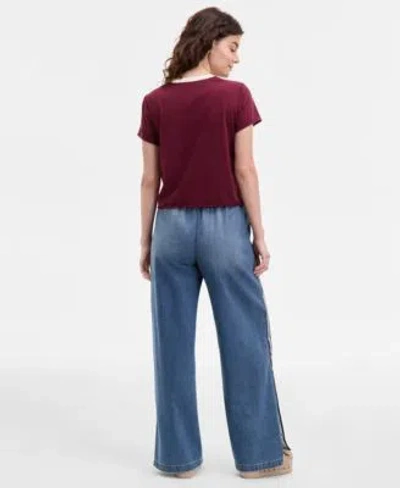Madden Girl Juniors Graphic Print Crewneck T Shirt Pull On Side Snap Wide Leg Jeans