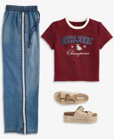 Madden Girl Juniors Graphic Print Crewneck T Shirt Pull On Side Snap Wide Leg Jeans