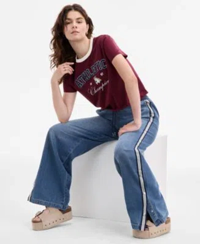 Madden Girl Juniors Graphic Print Crewneck T Shirt Pull On Side Snap Wide Leg Jeans
