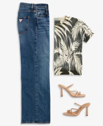 Guess Womens Sequin Printed Short Sleeve Sweater High Rise Wide Leg Jeans