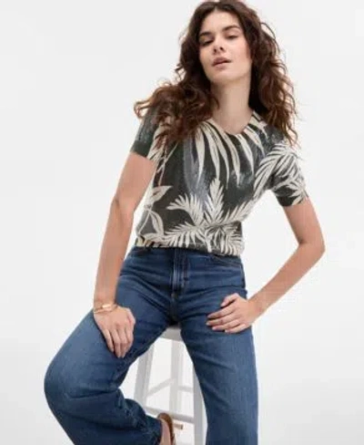 Guess Womens Sequin Printed Short Sleeve Sweater High Rise Wide Leg Jeans