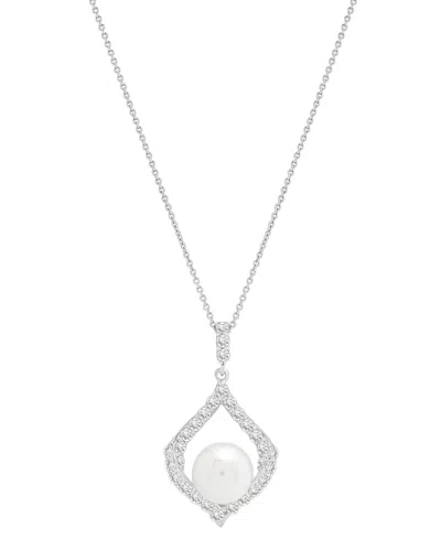 Macy's Cultured Freshwater Pearl (8mm) & Lab Grown White Sapphire (1 Ct. T.w.) 18" Pendant Necklace In Ster