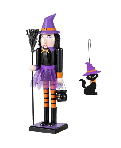 Glitzhome Halloween Wooden Witch Nutcracker With Witch Cat Ornament, Set Of 2