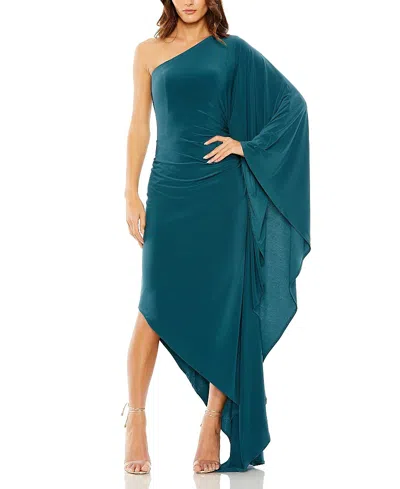 Mac Duggal One Shoulder Cape Sleeve Ruched Detail Jersey Gown