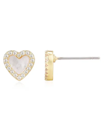 Adornia 14k Gold Plated Mother Of Pearl Mini Halo Cz Heart Studs