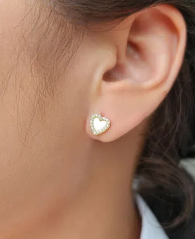 Adornia 14k Gold Plated Mother Of Pearl Mini Halo Cz Heart Studs