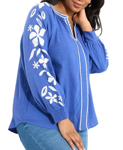 Live Unlimited Long Sleeve Embroidered Relaxed Blouse In Blue