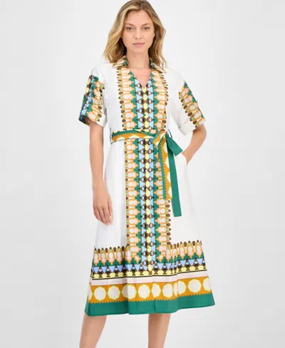 T Tahari Women's Printed Elbow-sleeve Tie-waist Split-neck Midi Dress