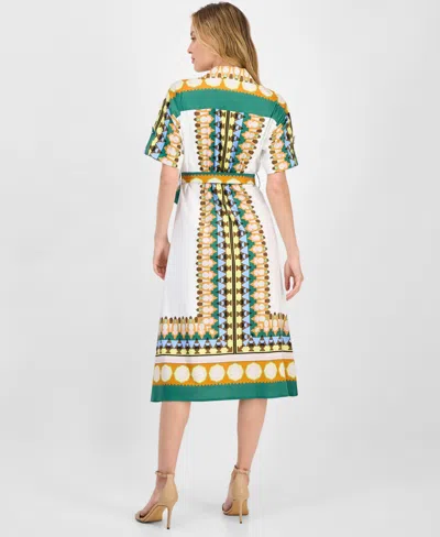 T Tahari Women's Printed Elbow-sleeve Tie-waist Split-neck Midi Dress