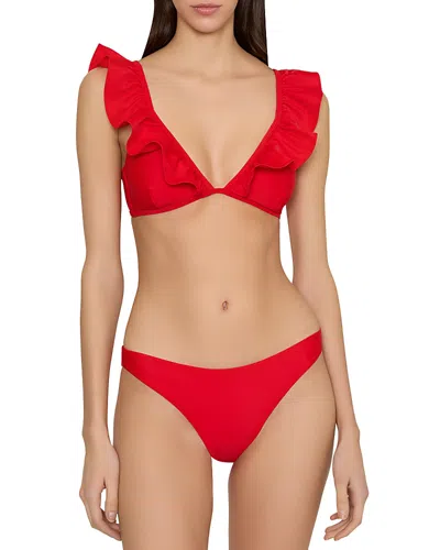 Milly Solid Ruffle Pinafore Bikini Top In Red In Red
