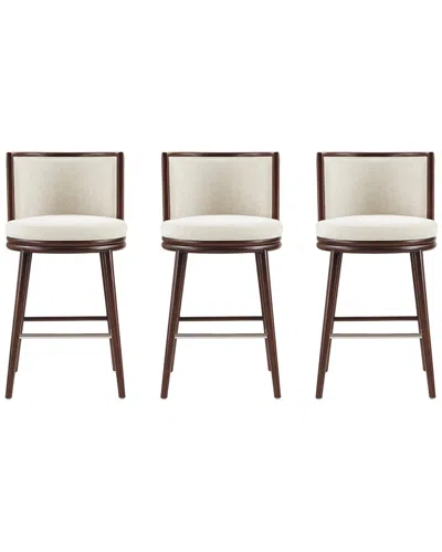 Manhattan Comfort Set Of 3 Evalyn Textured Chenille Barstools With Beech Wood  Legs In White
