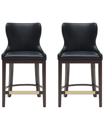Manhattan Comfort Set Of 2 Blair Leatherette Barstools With Beech Wood Legs In Black