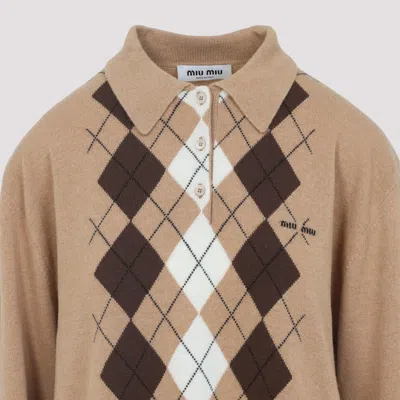 Miu Miu Argyle Pattern Cashmere Polo Pullover In Neutral