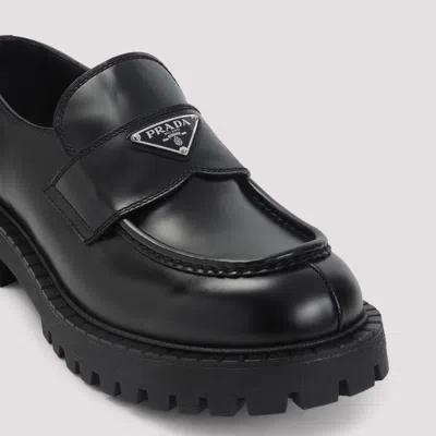 Prada Polished Black Leather Loafers With Chunky Rubber Sole
