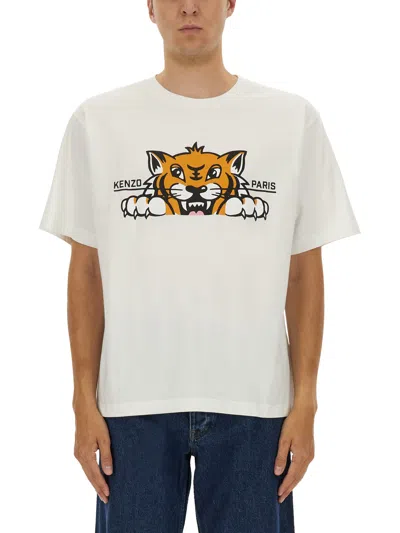 Kenzo 'gots Happy Tiger' White Crewneck T-shirt With Maxi Logo Embroidery On The Front And Logo Lettering