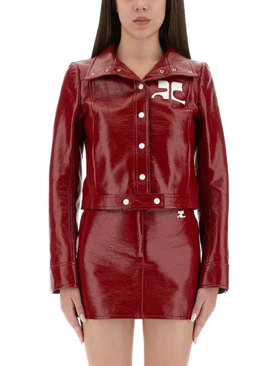 Courrèges Long-sleeved Logo Leather Jacket In Red
