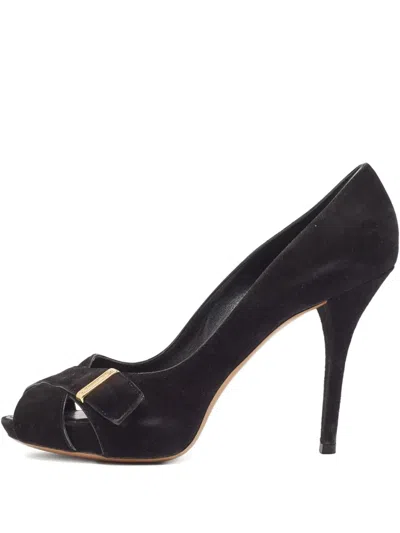 Pre-owned Louis Vuitton 120mm Suede Peep-toe Pumps In Black