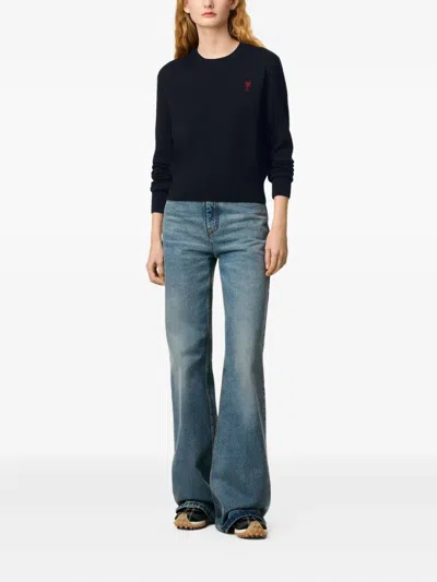 Ami Alexandre Mattiussi Crewneck Heart-embroidered Wool Sweater In Blue