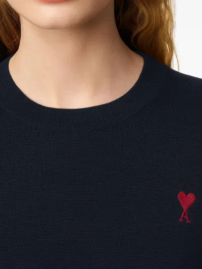 Ami Alexandre Mattiussi Crewneck Heart-embroidered Wool Sweater In Blue