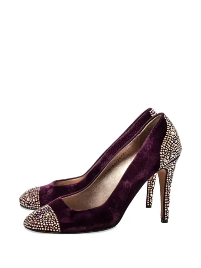Pre-owned Gina  110mm Crystal-embellished Velvet Pumps In Purple