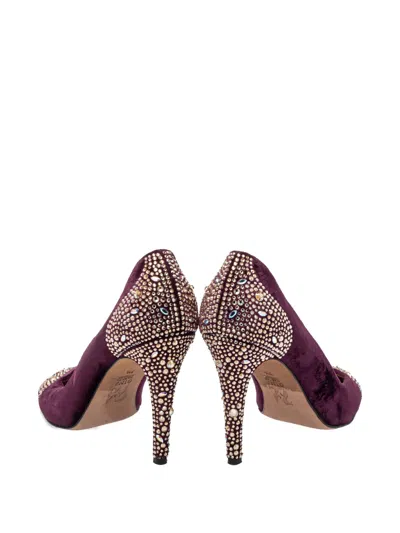 Pre-owned Gina  110mm Crystal-embellished Velvet Pumps In Purple