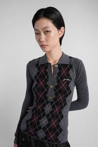 Ganni Grey Sweater With Classic Collar And Check Motif On The Front In Wool Woman