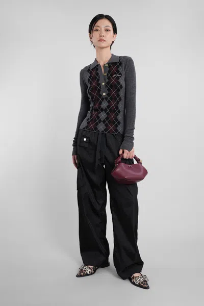 Ganni Grey Sweater With Classic Collar And Check Motif On The Front In Wool Woman