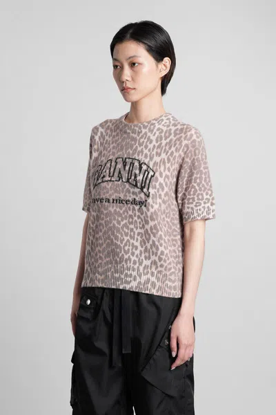 Ganni Women Leopard Wool Mix T-shirt In Brown