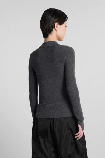Ganni Grey Sweater With Classic Collar And Check Motif On The Front In Wool Woman