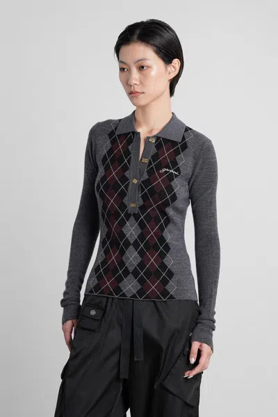 Ganni Grey Sweater With Classic Collar And Check Motif On The Front In Wool Woman
