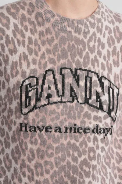 Ganni Women Leopard Wool Mix T-shirt In Brown