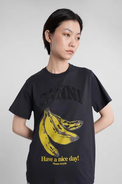 Ganni Crew-neck Cotton T-shirt With Banana Print In Black