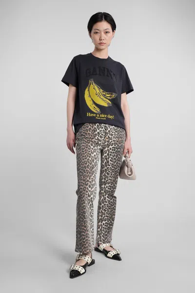 Ganni Crew-neck Cotton T-shirt With Banana Print In Black