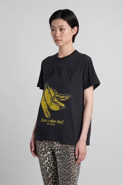 Ganni Crew-neck Cotton T-shirt With Banana Print In Black