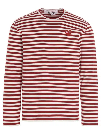 Comme Des Garçons Play Striped Logo Patch Long Sleeve T-shirt In Red