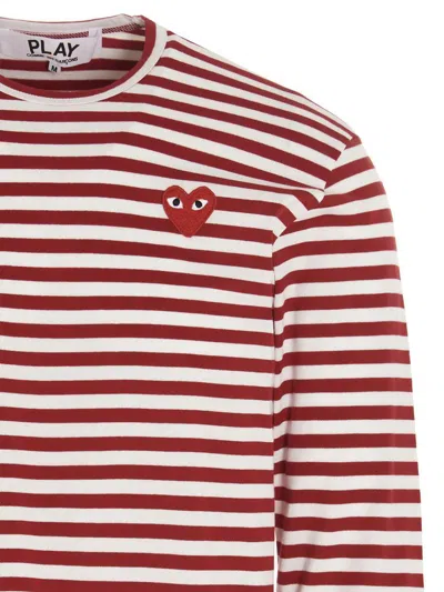Comme Des Garçons Play Striped Logo Patch Long Sleeve T-shirt In Red