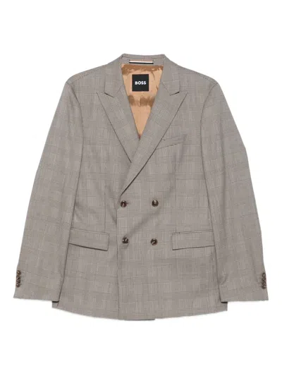 Hugo Boss Double-breasted Checked Suit In Brown