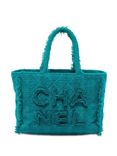 Pre-owned Chanel Tweed Tote Bag In Green