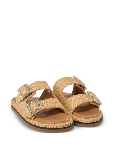 Alibi Greta Crystal Buckle Raffia Sandals In Neutral
