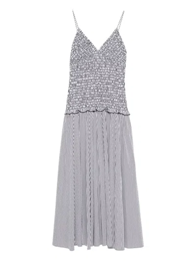 Brandon Maxwell The Josie Shirred Striped Cotton Midi Dress In Gray