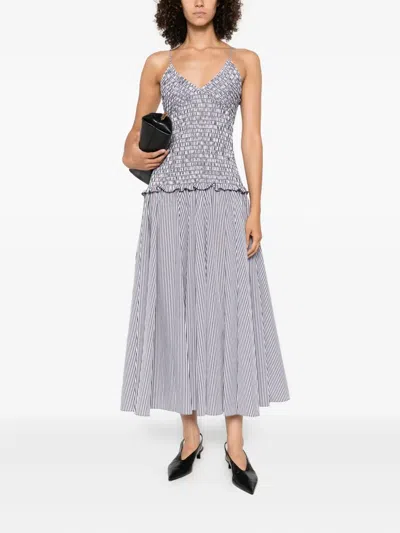 Brandon Maxwell The Josie Shirred Striped Cotton Midi Dress In Gray