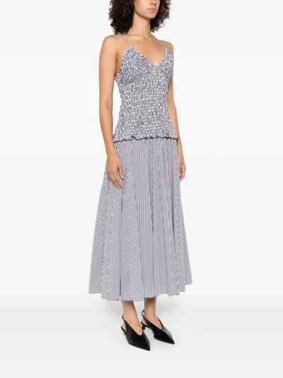 Brandon Maxwell The Josie Shirred Striped Cotton Midi Dress In Gray
