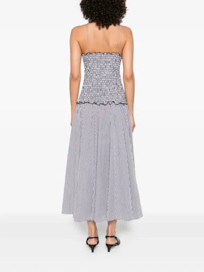 Brandon Maxwell The Josie Shirred Striped Cotton Midi Dress In Gray