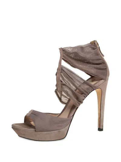 Pre-owned Fendi 2023 120mm Suede Mesh Sandals In Gray
